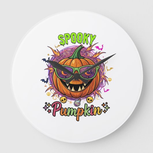 カボチャ サングラス 月 蜘蛛の巣 ドクロ ハロウィン ラージ壁時計 (正面)