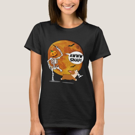 カボチャ スケルトン 折れた足 ハロウィン コーギー Tシャツ (正面)