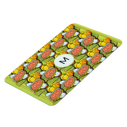 カボチャ、スープ、および背景ストライプのモノグラム マグネット (左側)