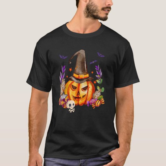 カボチャ+ドクロ+魔女の帽子+コウモリ ハロウィン メンズ Tシャツ (正面)