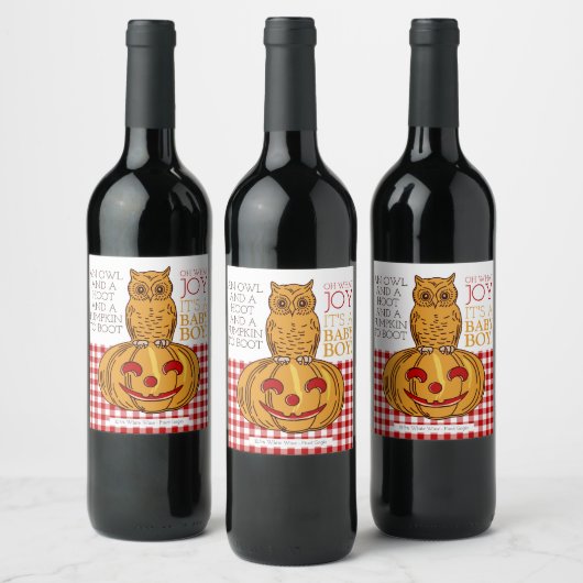 カボチャ・フクロウ&ギンガムこれは男の赤ちゃん発表 ワインラベル (ボトル)