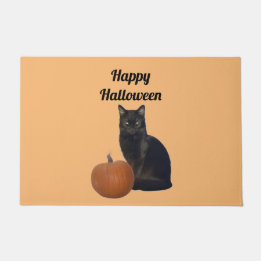 カボチャ&ブラックキャットハッピーハローウィンオレンジ ドアマット