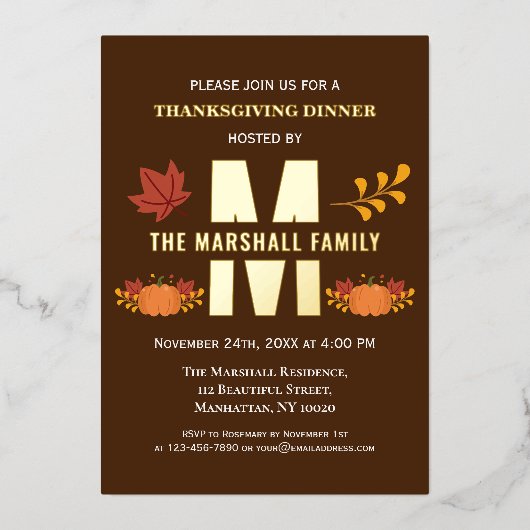 カボチャ・モノグラム幸せな感謝祭の友情 箔招待状 (正面)