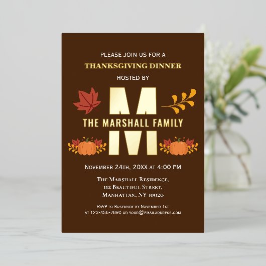 カボチャ・モノグラム幸せな感謝祭の友情 箔招待状 (立ち正面)