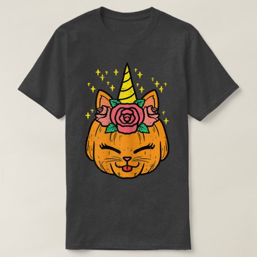 カボチャ・ユニコーン猫かわいいハロウィーンのコスチューム女の子W Tシャツ (デザイン正面)