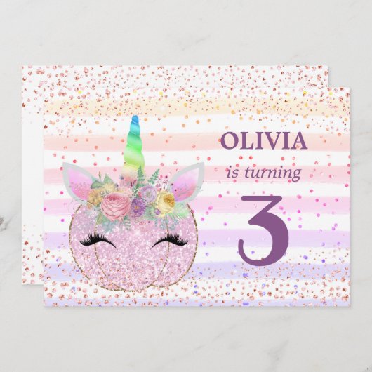カボチャ・ユニコーン・ガールズ3歳の誕生日 招待状 (正面/裏面)