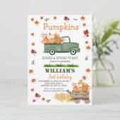 カボチャ、干し草、離れ秋、誕生日グリーントラック 招待状 (スタンド正面)