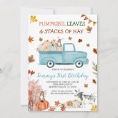 カボチャ、干し草、離れ秋、誕生日ブルートラック 招待状 (正面)