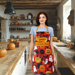 カボチャ、幽霊、こうもり付きレッドハロウィーン エプロン