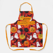 カボチャ、幽霊、こうもり付きレッドハロウィーン エプロン (正面)
