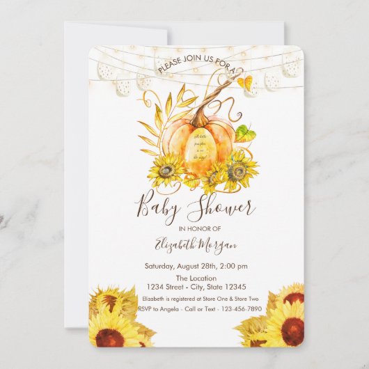 カボチャ、木のテクスチャ、ひまわり赤ちゃんシャワー 招待状 (正面)