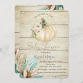 カボチャ、木のテクスチャ、ボホ花ベビーシャワー 招待状 (正面/裏面)