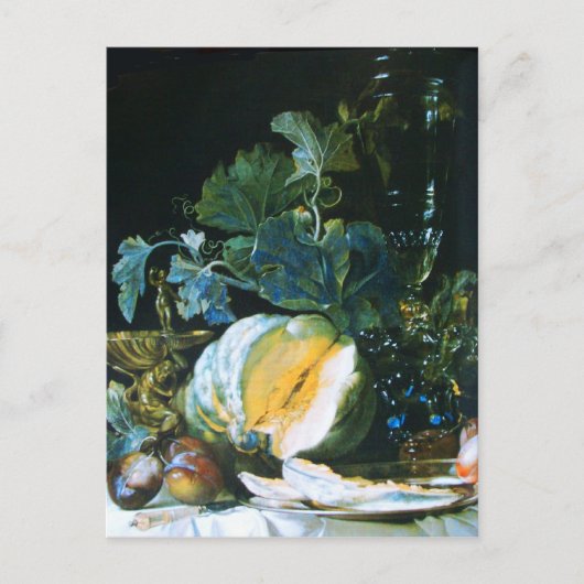 カボチャ、果物とガラス製品の感謝祭 シーズンポストカード (正面)