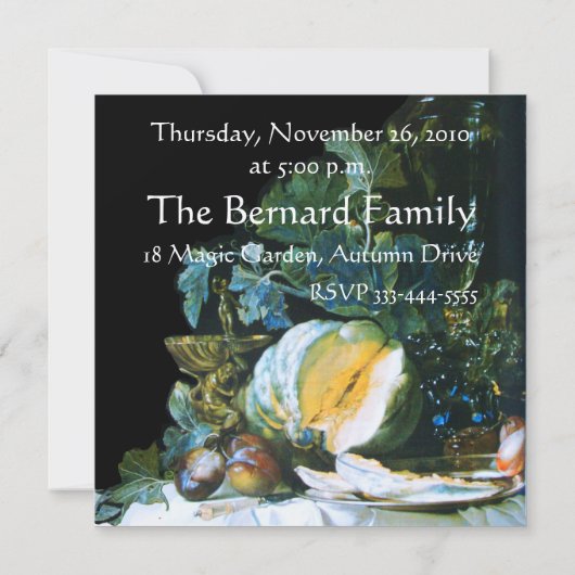 カボチャ、果物とガラス製品サンクスギビングディナー 招待状 (裏面)