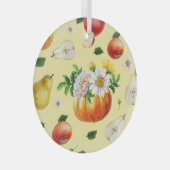 カボチャ、菊：秋のフルーツイラストレーション。 ガラスオーナメント (正面右)