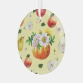 カボチャ、菊：秋のフルーツイラストレーション。 ガラスオーナメント (正面左)