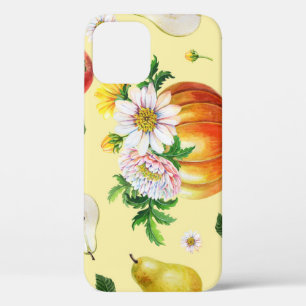 カボチャ、菊:秋のフルーツイラストレーション。 iPhone 12ケース
