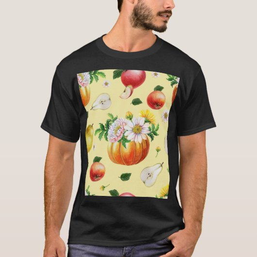 カボチャ、菊:秋のフルーツイラストレーション。 Tシャツ (正面)