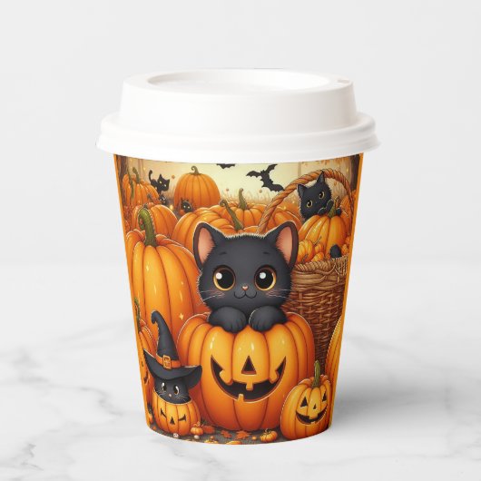カボチャ、黒猫とこうもりハロウィン 紙コップ (正面)