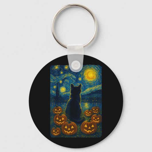 カボチャ 黒猫 ハロウィン ヴァンゴッホ 星空 キーホルダー (正面)