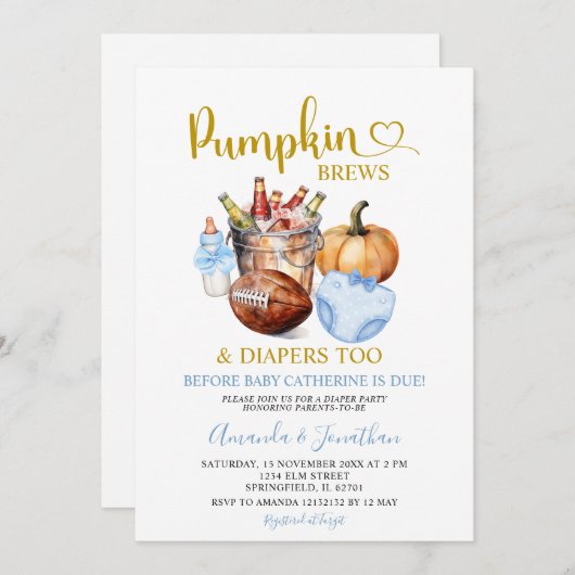 カボチャBrewsおむつブルー秋ボーイジェンダーが明かす 招待状 (正面/裏面)