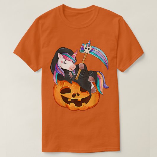 カボチャCに横たわるユニコーンのハロウィーン衣装の死 Tシャツ (デザイン正面)