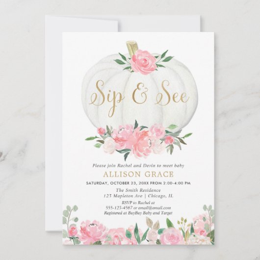 カボチャsipと参照して、秋は赤ちゃんの女の子を迎える 招待状 (正面)