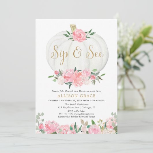 カボチャsipと参照して、秋は赤ちゃんの女の子を迎える 招待状 (スタンド正面)