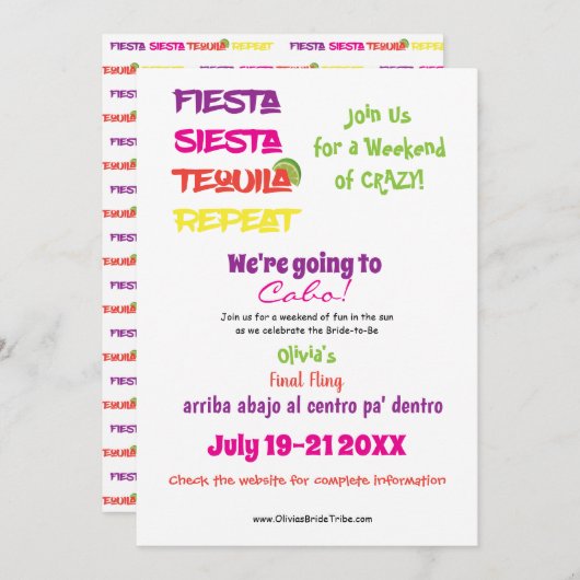 カボ・ブライズ・ウィークエンド: フィエスタ、シエスタ、テキーラ、リピート 招待状 (正面/裏面)