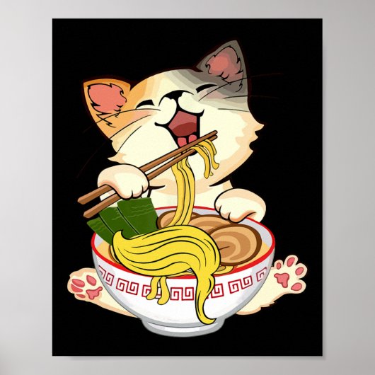 カマおもしろいラアニメキャット食べラーメン切り麺 ポスター (正面)