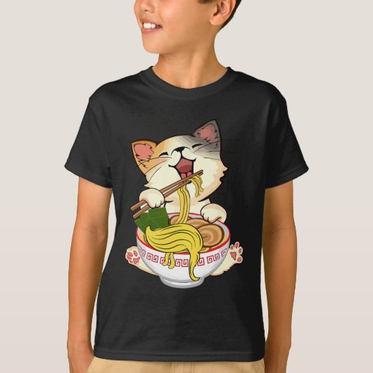 カマおもしろいラアニメキャット食べラーメン切り麺 Tシャツ (正面)