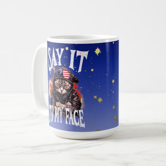 カマはっきりしたラハリスマイキャットレディ顔引用文へ コーヒーマグカップ (正面左)