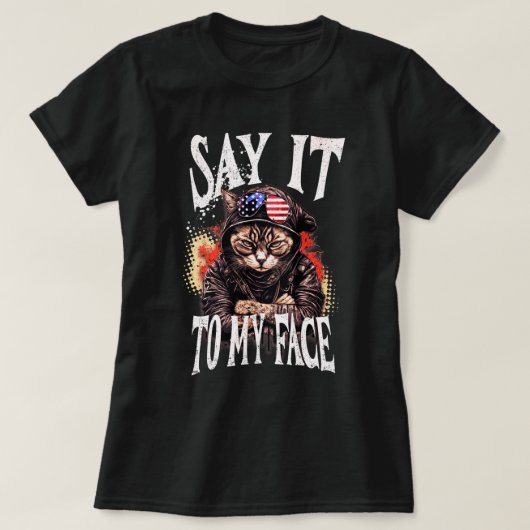 カマはっきりしたラハリスマイキャットレディ顔引用文へ Tシャツ (デザイン正面)