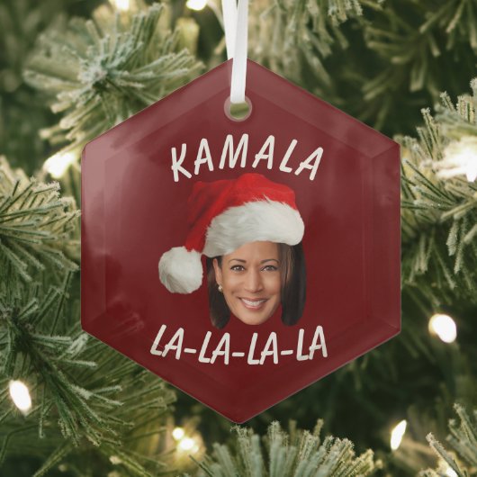 カマラおもしろいハリス顔サンタハットクリスマス ガラスオーナメント (インサイチュ)