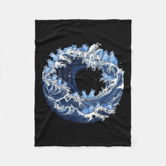 カマラに青い猫の波 フリースブランケット (正面)