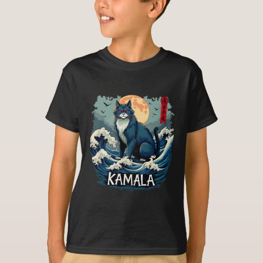 カマラのブルーキャッツウェーブおもしろい Tシャツ (正面)