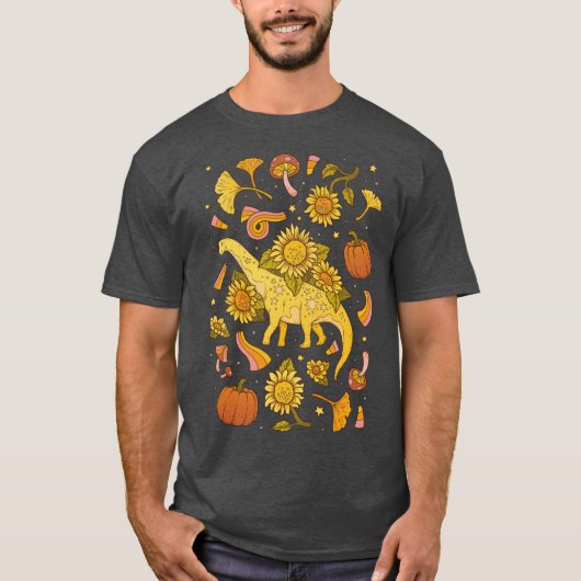 カマラサウルスの秋 ダイナソー ひまわり アート ファン Tシャツ (正面)