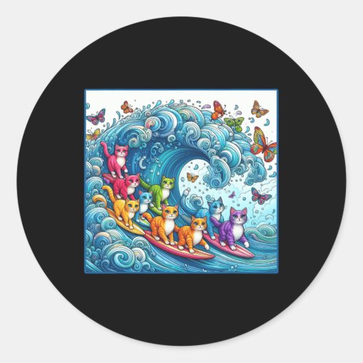 カマラ猫レディのための青い猫おもしろいの波 ラウンドシール (正面)