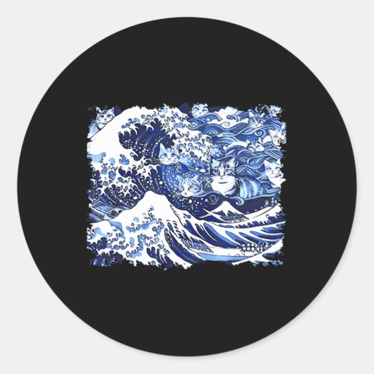 カマラ猫レディのための青い猫おもしろいの波 ラウンドシール (正面)