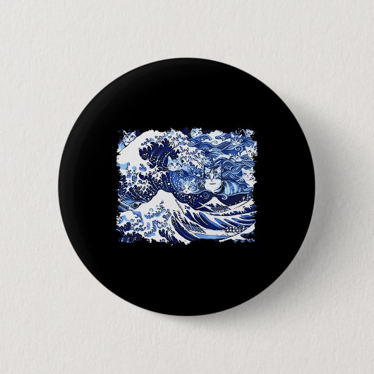 カマラ猫レディのための青い猫おもしろいの波 缶バッジ (正面)