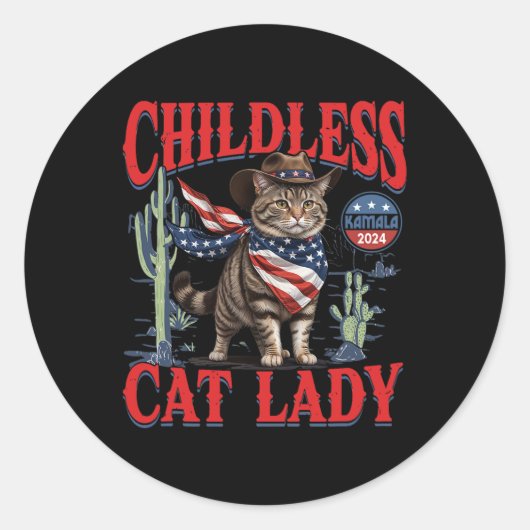 カマラ選挙のカウボーイ猫の子供なしキャットレディ ラウンドシール (正面)