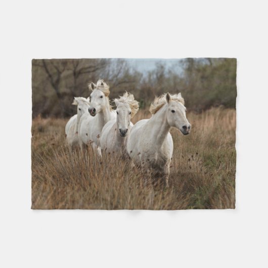 カマルグの馬が走る フリースブランケット (正面(横))