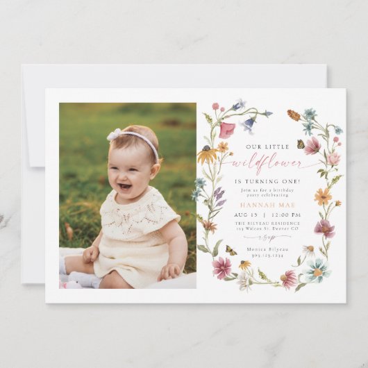カミラバタフライワイルドフラワーガールファースト誕生日 招待状 (正面)