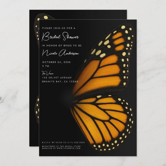 カミングマリポサ(昆虫)オオカバマダラ、モナークバタフライブライダルシャワー 招待状 (正面/裏面)