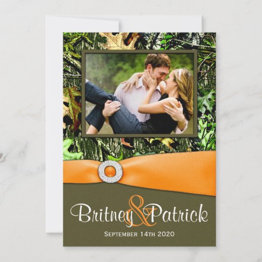 カムフラージュのオレンジ狩りの迷彩柄の結婚式招待状 招待状 (正面)
