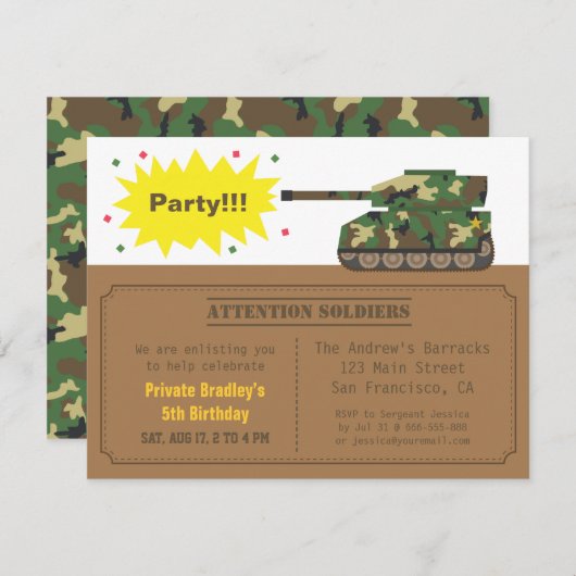 カムフラージュのプリントタンク男の子の誕生会 招待状 (正面/裏面)