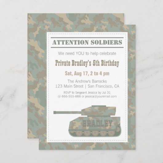 カムフラージュの軍のプリントの戦車の誕生会 招待状 (正面/裏面)