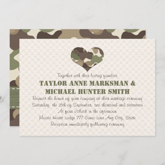 カムフラージュの迷彩柄のハートの結婚式招待状 招待状 (正面/裏面)