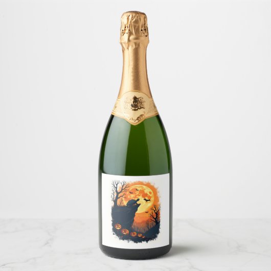 カメおもしろいハロウィーンシルエット不気味カメ スパークリングワインラベル (正面)