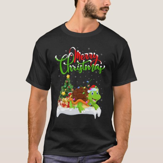 カメおもしろい動物愛好家クリスマス照明タートルシャール Tシャツ (正面)